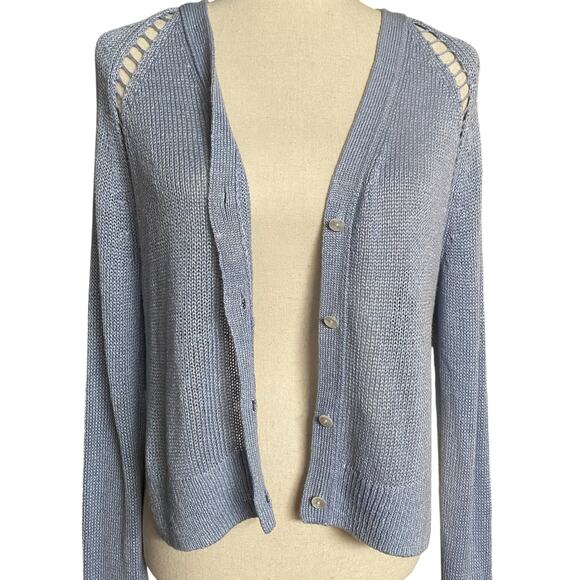 Theory Hanelee Linen Viscose Cropped Knit Cardigan Womens P Blue Minimalist Chic - Picture 7 of 14